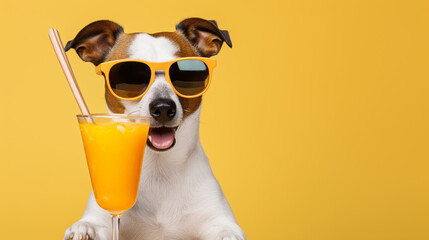 A happy jack russell drinks an orange, citrus drink or soft drink, on a yellow background - obrazy, fototapety, plakaty