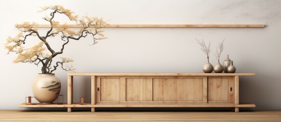 Modern Japanese room with a wooden cabinet design