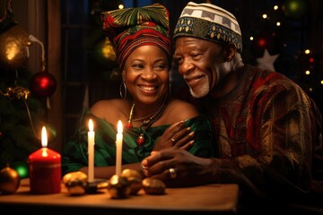 Obraz na płótnie Canvas Happy couple in traditional clothes celebrating Kwanzaa