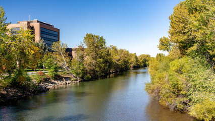 Fototapeta na wymiar Boise River with fall colored trees on the edge of university campus