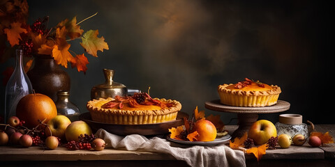 Traditional American pumpkin pies on festive table decorated for Thanksgiving Day. Dark background.