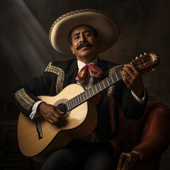 Young Mexican man with brown skin, mustache and mariachi costume plays a guitar