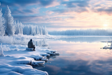 fisherman on the bank of a winter river generative ai