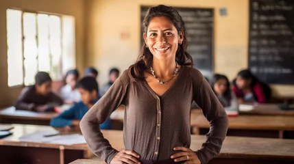 Foto op Plexiglas Mexican teacher in the classroom smiles at the camera, behind her are her students, she is proud of teaching elementary school children © Peludis