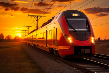 Fototapeta premium red fast high-speed train against the background of the evening sun generative ai