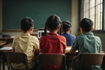 Group of children sitting in classroom, back view. Elementary school education - obrazy, fototapety, plakaty