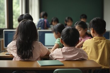 Group of children sitting in classroom, back view. Elementary school education