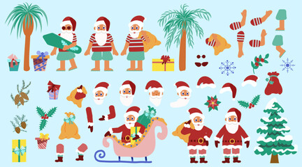 Classic and tropical Santa Claus design, Christmas in Hawaii and Santa Claus in shorts, New Year's character and Xmas elements in a flat style.