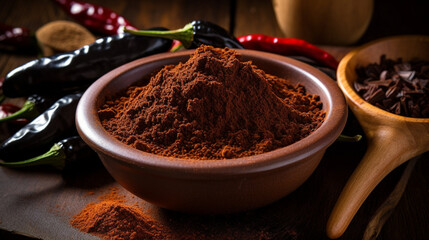 Mexican mole, in a wooden bowl, Thick, rich and complex Mexican sauce with chilies, chocolate, spices and sometimes meat, for sophisticated dishes - obrazy, fototapety, plakaty