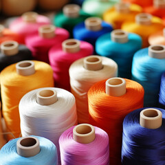 Threads for sewing or knitting, are organized by color and ready to be sold