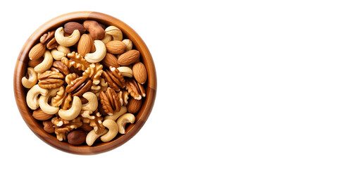 Walnuts and cashews in a wooden bowl, on white background