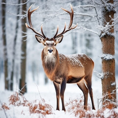 Naklejka na ściany i meble Christmas reindeer in a snowy forest, wild nature, Christmas, Santa Claus