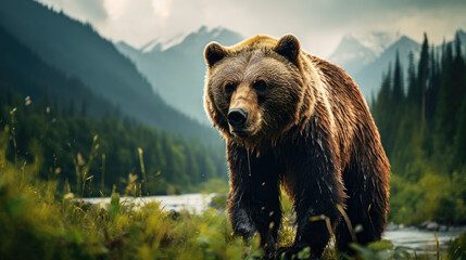 brown bear in the forest - obrazy, fototapety, plakaty