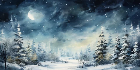 Crédence de cuisine en verre imprimé Forêt des fées Festive winter holiday scene with a merry Christmas tree in a snowy forest landscape, graphic art