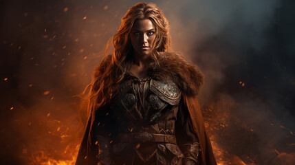 Charming nordic viking woman with long red hair in fiery background.