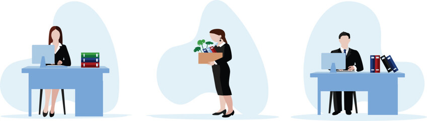 Business people at the office set. Characters working at home office and coworking space. People talking with colleagues, planning corporate strategy.