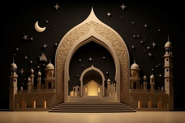 Fototapeta na wymiar Background with crescent and mosque, Islamic decorations. 3D illustration. Generative AI
