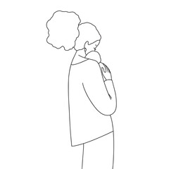 Mom holds a baby, line black and white minimalistic illustration. Vector illustration