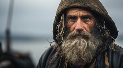 portrait of old fisherman long beard and hoodie