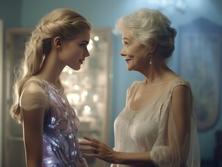 Future and past, An elderly gray-haired old woman grandmother with her young granddaughter in space clothes. 21st century generation and 22nd century generation