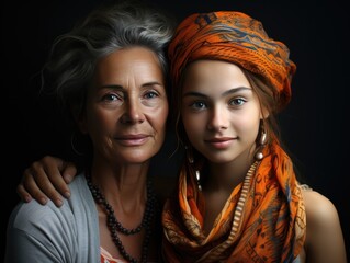 Fototapeta premium grown-up teenage granddaughter in a spectacular headdress and her beautiful, youthful grandmother. Portrait on a dark background.