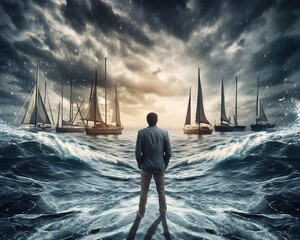 Business solution concept design of back view standing on boat at sea in a storm - obrazy, fototapety, plakaty