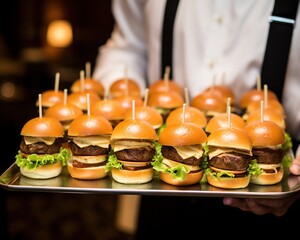 platter of mini cheeseburgers with melted cheese. - obrazy, fototapety, plakaty