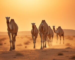 Camels in a desert environment with beautiful light conditions.