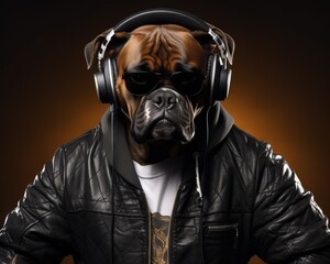Boxer dog in black jacket listens to music. - obrazy, fototapety, plakaty