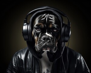 Boxer dog in black jacket listens to music. - obrazy, fototapety, plakaty