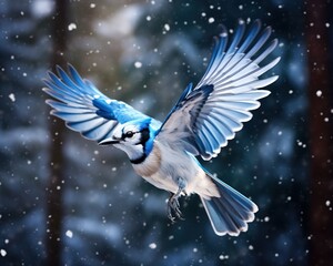In a beautiful winter landscape there is a blue jay bird in flight.