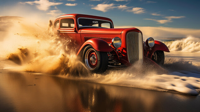 red, hot rod, car ,sea wave, © Poprock3d