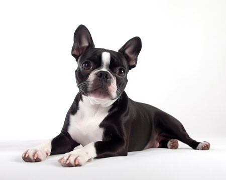 This image of a Boston Terrier with tuxedo-like markings is on a white background.