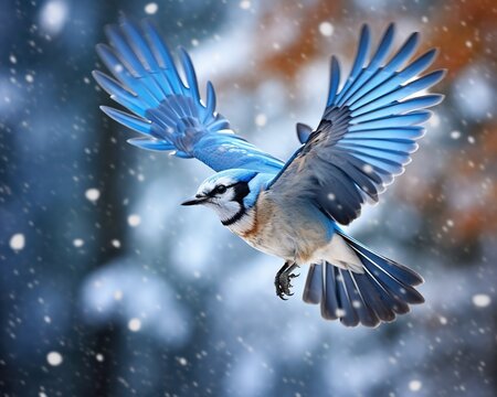 In a beautiful winter landscape there is a blue jay bird in flight.