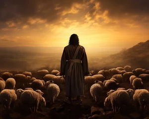Fotobehang Jesus Shepherd with his flock of sheep. © Nipon