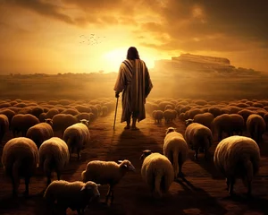Fotobehang Jesus Shepherd with his flock of sheep. © Nipon