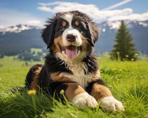 Fototapeta premium cute Bernese Mountn dog is sitting on a meadow in the summer.