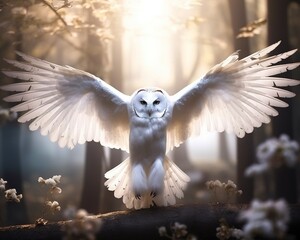 beautiful white owl with spread wings.