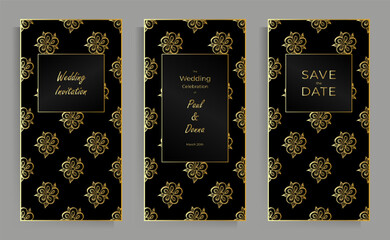 Wedding invitation design. A set of vector templates of the same format. Elegant cards with floral patterns black and gold.