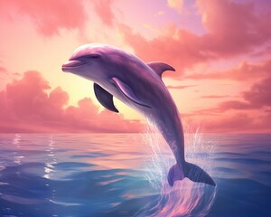 dolphin is on a sunset background with pink clouds.