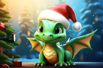 Cute little cartoon green dragon wearing a Santa hat on the background of a Christmas tree.
