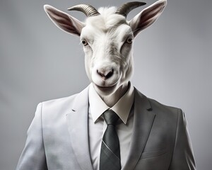 Anthropomorphic white goat dressed in a business suit.