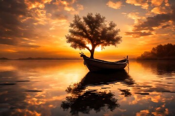 boat on the river and sunset