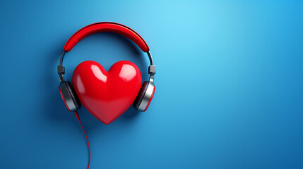 Red heart with headphones on blue background, symbolizing passion for music. Music lover concept with copy space.