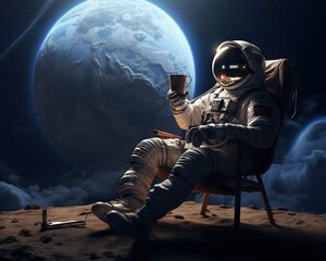 An astronauts is sitting on the moon drinking coffee.