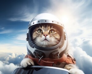 pilot cat in a helmet is in the sky. - obrazy, fototapety, plakaty