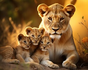 Fototapeta premium stunning image of a lioness with her adorablecubs.