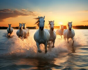 white horses running across a body of water.