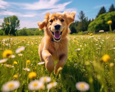Happy Acive Golden Retiever Puppy Cute Dog Romp in the Meadow Valley.
