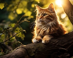 cat is sitting on a branch in the forest.